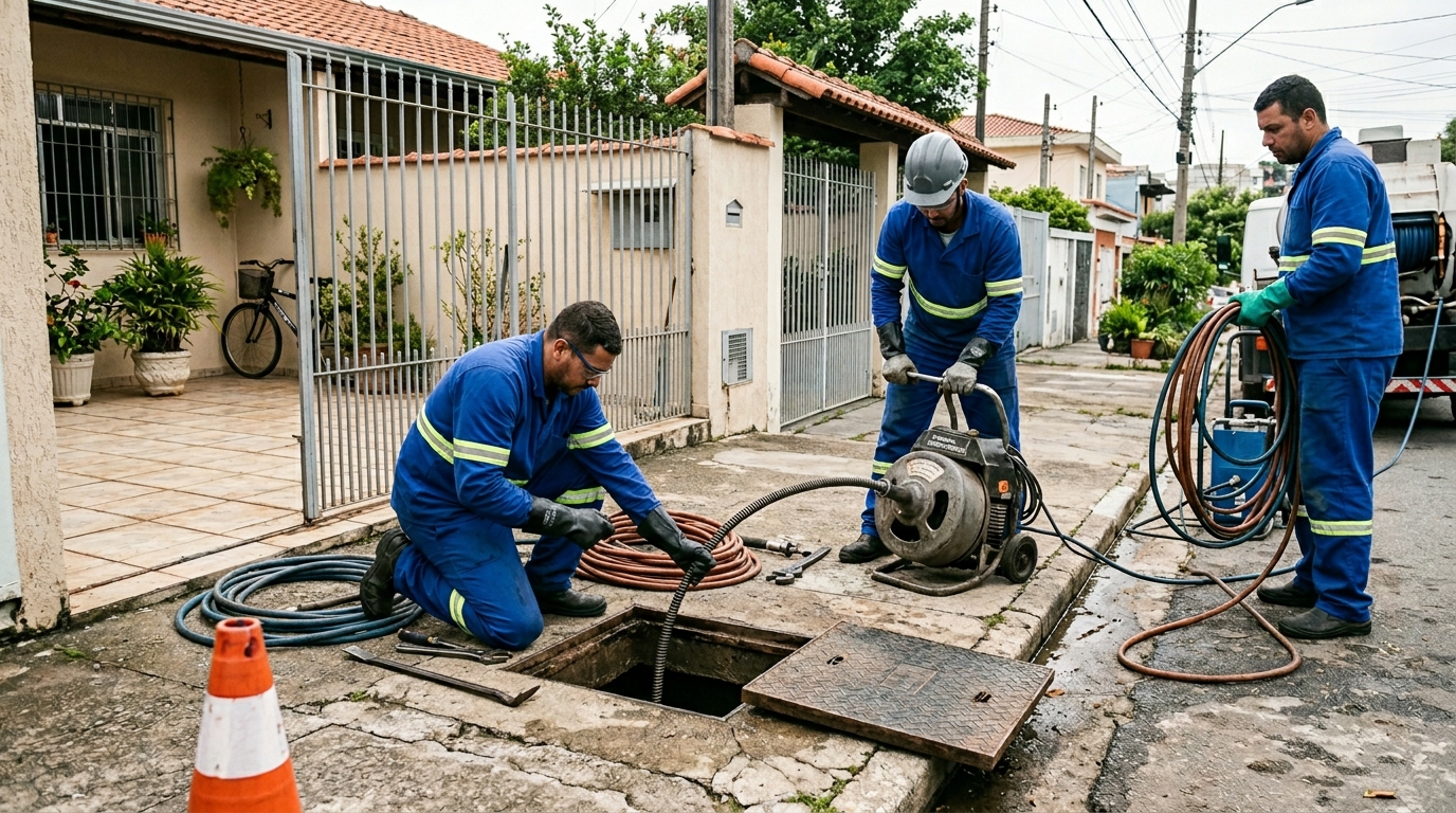 Equipe de desentupimento de esgoto em Uberlândia-MG